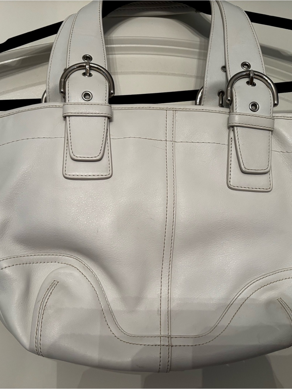 Coach Cream Leather Shoulder Tote with Buckle Accents - Picture 3 of 8